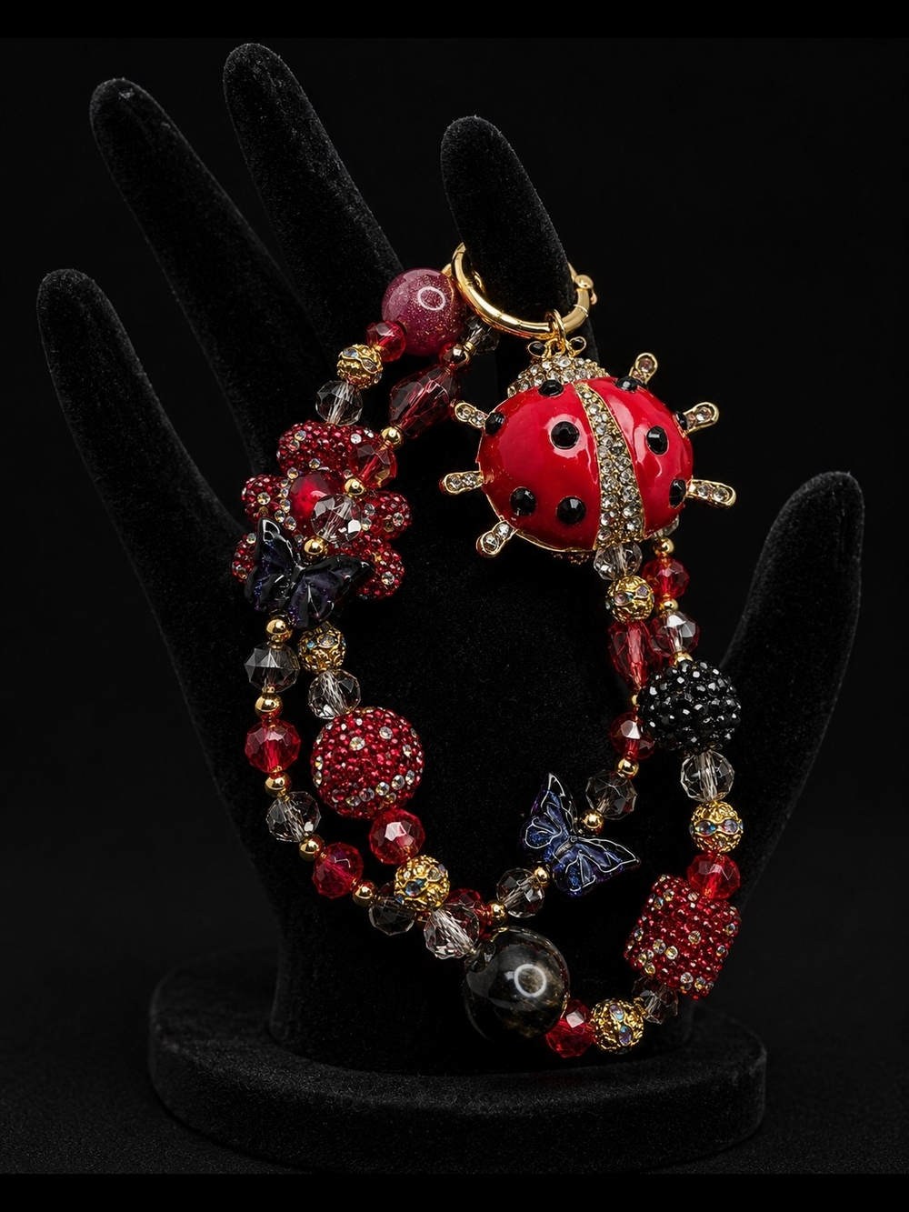 Red Ladybug Charm Statement Bracelet Necklace